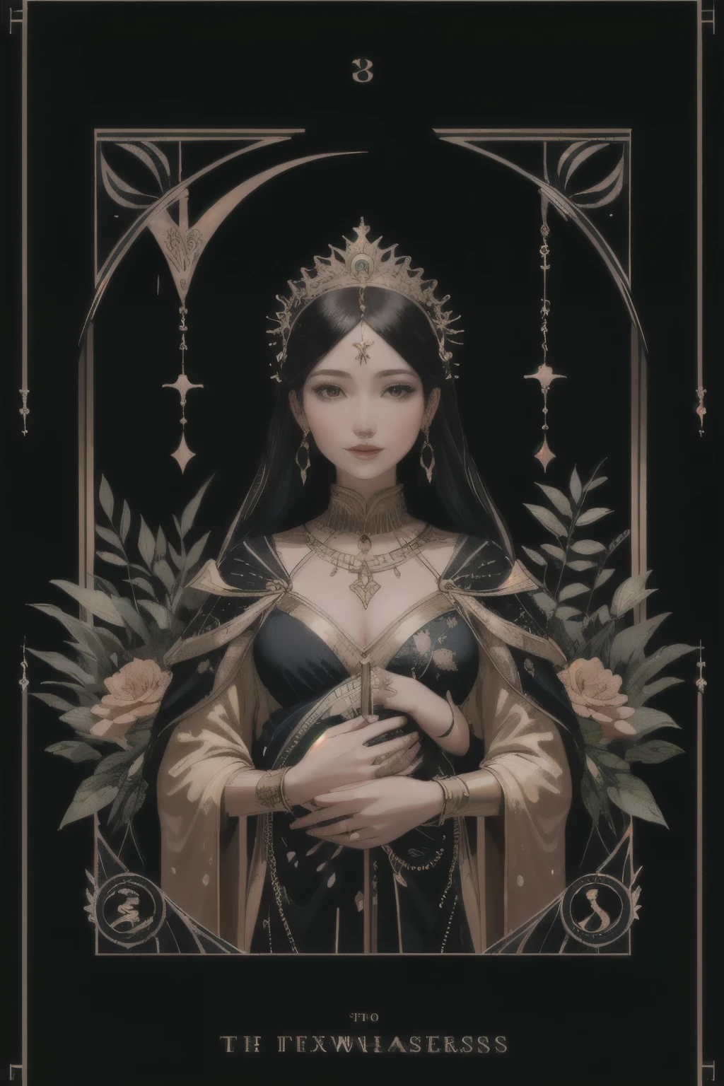 (highest quality, masterpiece), (Tarot, Tarot card,:1.1) Gold Frame Empress: A nurturing figure surrounded by symbols of abundance and fertility. Painting a woman in a lush garden, Exudes maternal energy、surrounded by nature.,  Black background, Golden, Upper Body, 