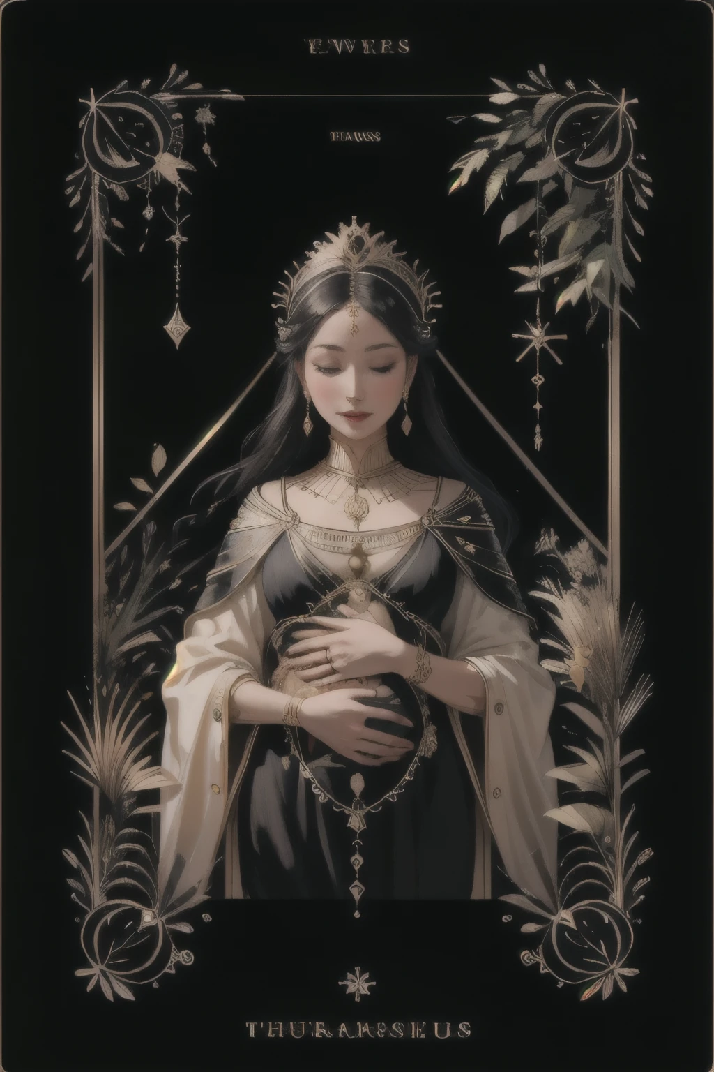 (highest quality, masterpiece), (Tarot, Tarot card,:1.1) Gold Frame Empress: A nurturing figure surrounded by symbols of abundance and fertility. Painting a woman in a lush garden, Exudes maternal energy、surrounded by nature., Black background, Golden, Upper Body,