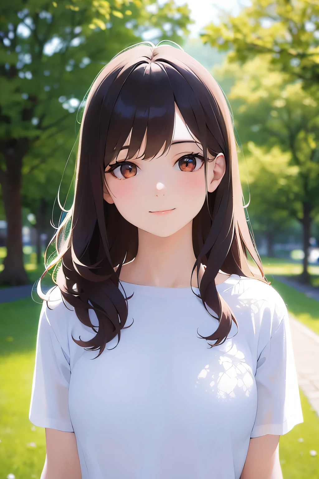 ultra quality, ultra highres, ultra detailed, high quality、Masterpiece、Upper body, Realistic, real person, (pale skin: 1.2), RAW photo, photorealistic, shiny skin, shiny hair、(25 year old woman with bangs) and (wavy hair) and (brown hair) and (orange eyes) , (White T-shirt) and (Floral patterns)、smile, The background is a park、Alone、Are standing