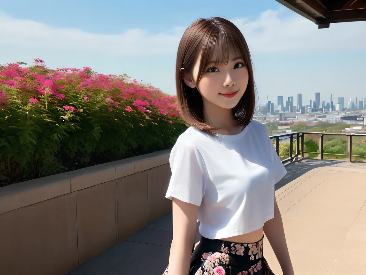 Product quality, One girl per photo, Cowboy Shot, Front view, Young and pretty girl in Japan, Long Bob Hair, Wearing a wedding ring, Standing on a hill in the suburbs with a big smile,Wearing a black T-shirt, ((mini skirt))、 The London skyline in the background, Super cute face, Glossy Lips, Double eyelids on both eyes,shiny smooth light brown hair of Long Bob Hair, Asymmetrical bangs, Sunburned skin, Center image, 8k resolution, Attention to detail, Detailed hairstyle, Detailed face, Cinema Lighting, Octane Rendering, Ultra-realistic, Perfect limbs, Perfect Anatomy、((8K))、((Floral clothes))、Small Mouth、