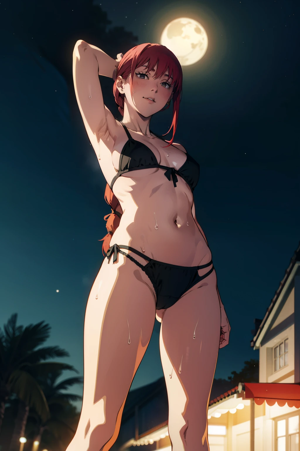 1girl, solo,underwear, navel, breasts, realistic, long hair,, lips, looking at viewer, red hair, collarbone,braided ponytail,yellow eyes, cowboy shot,standing, from below, frilled bikini, legs open, dynamic pose, white skin, pale skin, sweaty armpits, outside, night time, moon,stars,beach sand, cameltoes, 16:9,