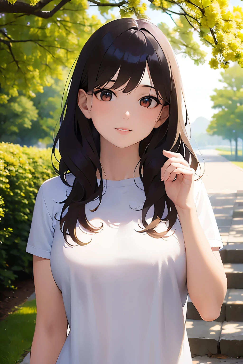 ultra quality, ultra highres, ultra detailed, high quality、Masterpiece、Upper body, Realistic, real person, (pale skin: 1.2), RAW photo, photorealistic, shiny skin, shiny hair、(25 year old woman with bangs) and (wavy hair) and (brown hair) and (orange eyes) , (White T-shirt) and (Floral patterns)、smile, The background is a park、Alone、Are standing