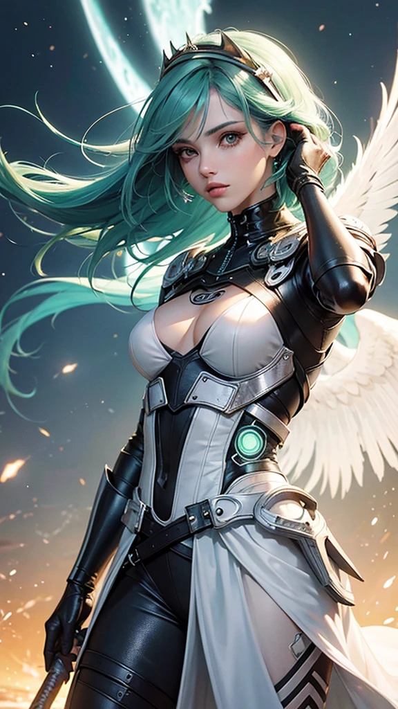 Lutando com espada, mulher com rabo de cavalo, cabelo escuros, mulher de olhos verdes, cybernetic headwear, efeitos luminosos azuis e branco na roupa, roupa colante, espada luminosa, face de elfo, mulher de cabelos escuros com 18 anos, cyberpunk, deserto, sol, iluminando armadura de anjo, vista de costas, mostrando a bunda