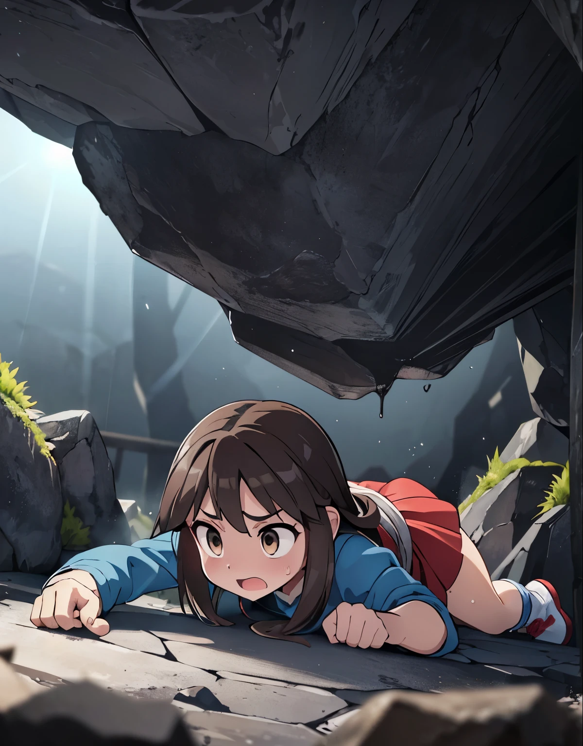(best quality,4k,highres),(realistic:1.37),(dark,moody:0.9),(intense,high-contrast:1.1),(dramatic lighting,shadowysterious atmosphere), pokemon leaf, opening a gift box with excitement, visible thighs, red skirt, blue shirt, brown eyes, loose socks, white footwear, upskirt, white panties, body shape, chubby thighs, thick thigh,(beautiful detailed eyes,long eyelashes:1.1),(filthy,clothing tearing),(sweat,heavy breathing),(trembling body),(urgent,panic-stricken),(desperate escape),(damp walls,rough texture),(massive boulder:1.2),(colorful fragments,flying in the air),(danger,disaster:1.1),(trapped,enclosed space),(fear,terror),(ominous presence),(echoing sound),(heart-pounding),(blurry motion effect),(narrow passage,limited visibility),(tension,suspense:1.1),(drenched in darkness),(dynamic composition),(determined expression),(uneven terrain),(moss-covered rocks),(fearful gaze),(eerie silence),(adventure,thriller),(sudden tilt,angled perspective),(crawling in shadows),(intense action),(arduous escape),(precise lighting),(subtle hint of hope),(adrenaline rush),(chasing scene),(glimpse of light at the end),(faint echoes),(emerging from darkness),(sudden relief),(strength,agility),(quick reflexes),(pulsating energy),(cave exploration),(skilled dodge),(flickering light),(intense pursuit),(breathtaking tension)