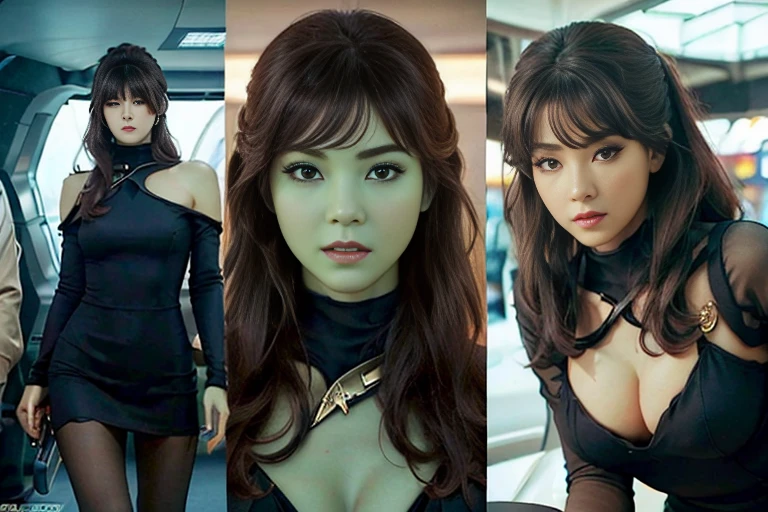 ((Top Quality、16K、masterpiece:1.3))、a tall and beautiful woman、Perfect Figure:1.4、(retro futuristic aesthetic) Slim Abs. Orion girl (from star trek) solo, very red-haired 、60s hairstyle (with hair bangs), realistic green skin, small eyebrows, No postural movement、Stand up straight、Huge bust、Highly detailed facial and skin texture、(A detailed eye, Symmetry Eyes, Clear realistic eyes, Double eyelidd、Cold-stricken face、Symmetrical face), very green skin (illuminated, realistic shading sound), goth makeup, Royal sisters full of fans、The Telegraph Esbian、peach buttocks、(black futuristic Dress, Very Tight Knit), cleavage, squart、(Raw foto:1.2)、((Photorealcitic:1.4))Top Quality、masterpiece、Real Photography、very delicate and beautiful.、super detailed CG、Unity、8K photo wallpaper、delicate detail、best qualtiy、Highly detailed CG unity 8k wallpaper、absurderes、Incredibly Absurd、huge file size、extremely highly detailed、Hight Resolution、ighly Details、Beautiful detail girl、extremely detailed eyes and face、beautiful delicate eyes、Facial light、cinematic lightings、(big hips, thick thighs, beautiful legs, black pantyhose) 1girll、see -through,Watch your audience, Plane Air, high ponytail、ulzzang-6500、The Telegraph Esbian, different poses at different angles,
