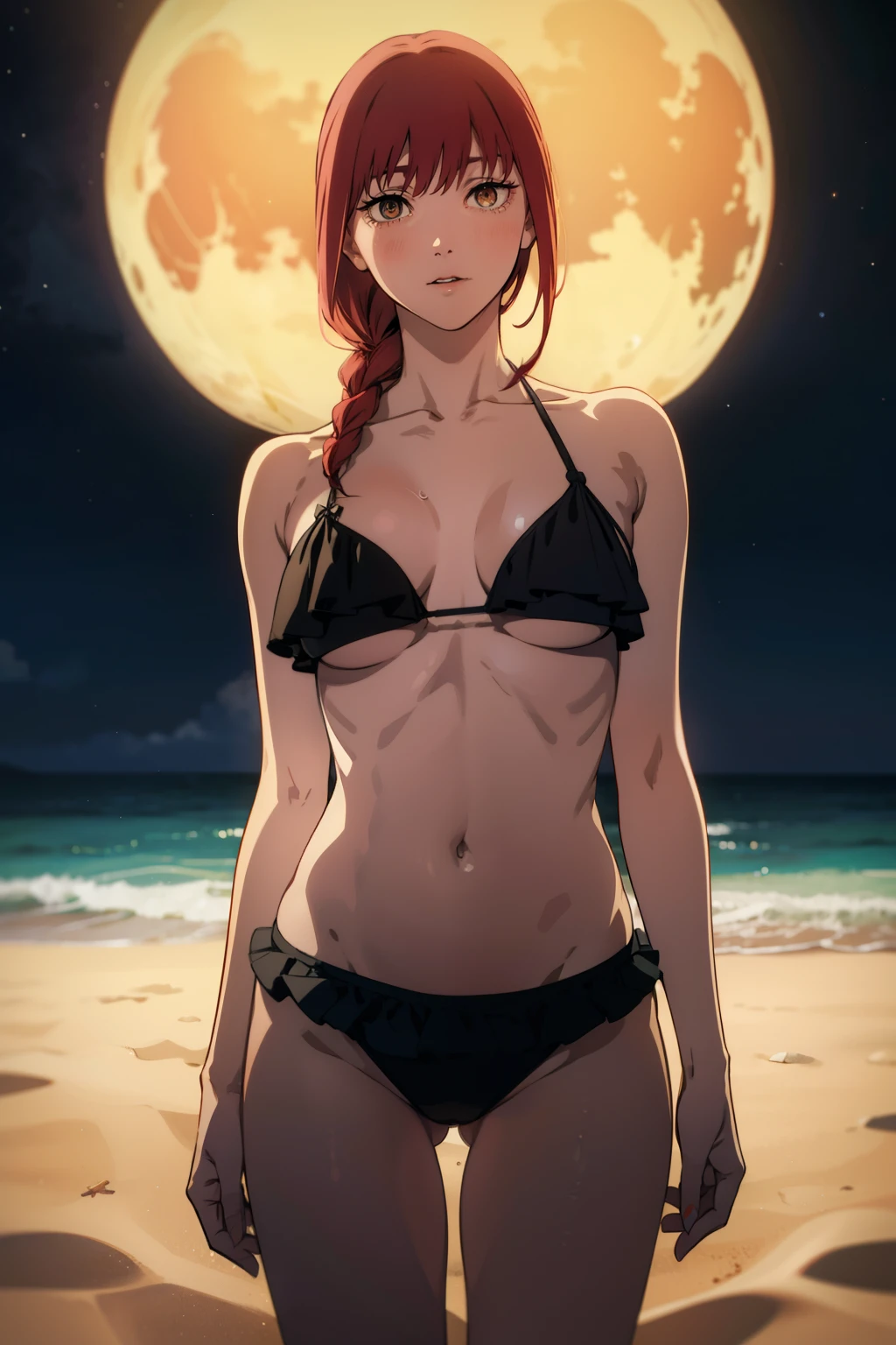 1girl, solo,underwear, navel, breasts, realistic, long hair,, lips, looking at viewer, red hair, collarbone,braided ponytail,yellow eyes, cowboy shot,standing, from below, frilled bikini, legs open, dynamic pose, white skin, pale skin, arms on belly, outside, night time, moon,stars,beach sand, cameltoes, 16:9, 