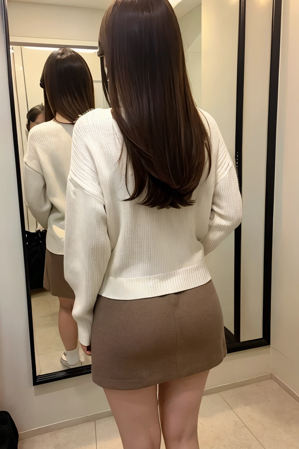 Japanese Beauty、Brown Hair、Voyeur、White sweater、mini skirt、Back view、hostel、Reflection in the mirror、Lower Angle、slouch、Flexion and extension、Ass