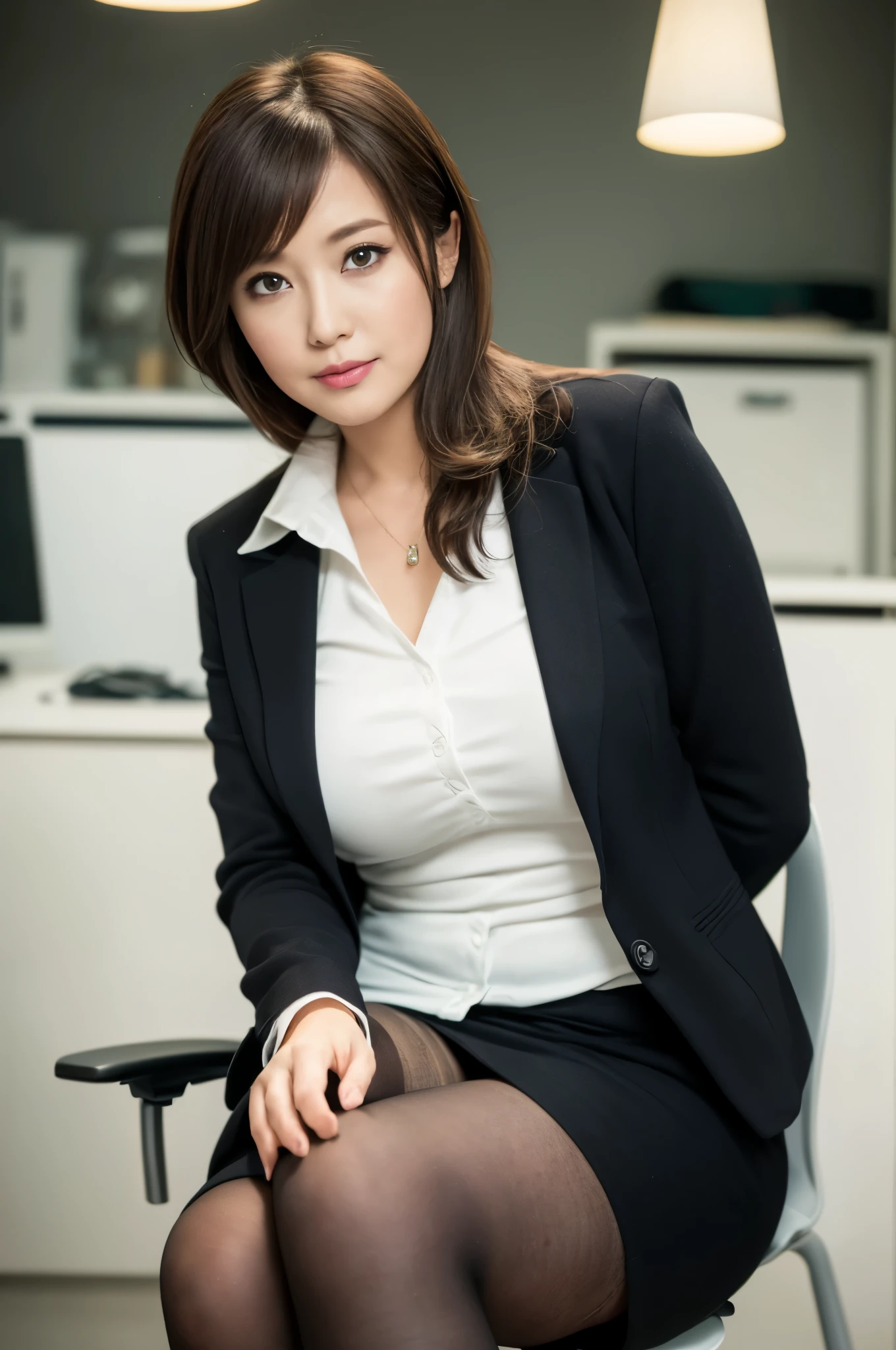 ((masterpiece, Better Quality, hight resolution, Photorealsitic:1.4, Raw photography, high quality image)), ((portrait:1)), 1Milf sitting on office chair, wearing business suit, black stocking, curvy shape:0.5, very detailed and professional lighting, (cute facial expressions),