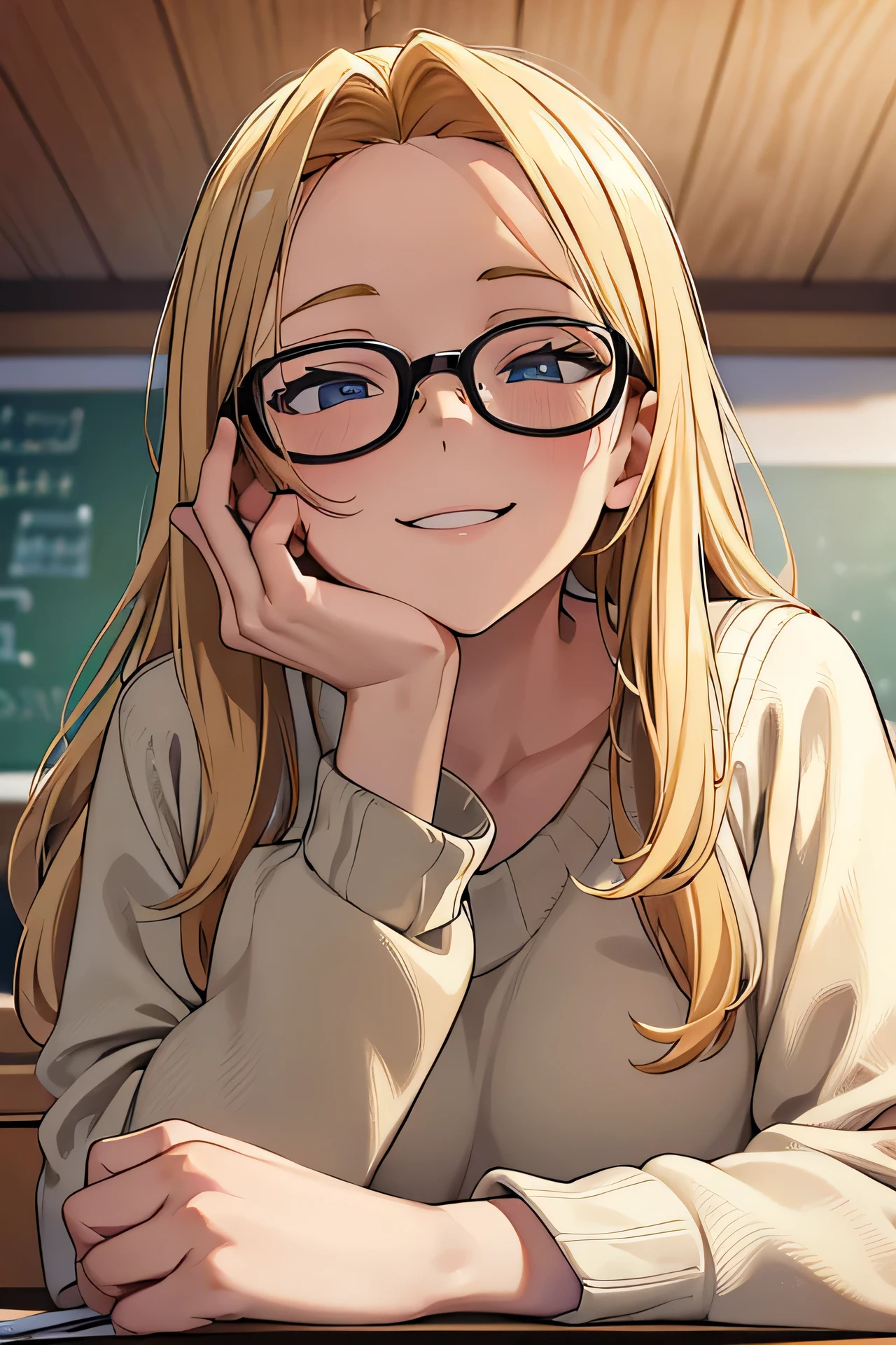 (masterpiece), best quality, expressive eyes, perfect face, 3/4 view portrait, a teacher woman resting on her desktop, adult face, head turneddark blonde long hair, forehead, eyes looking to the side, glasses, surprised, smiling, wears a beige color sweater and white shirt, a pen on her hand, classroom board scenery, shot from below