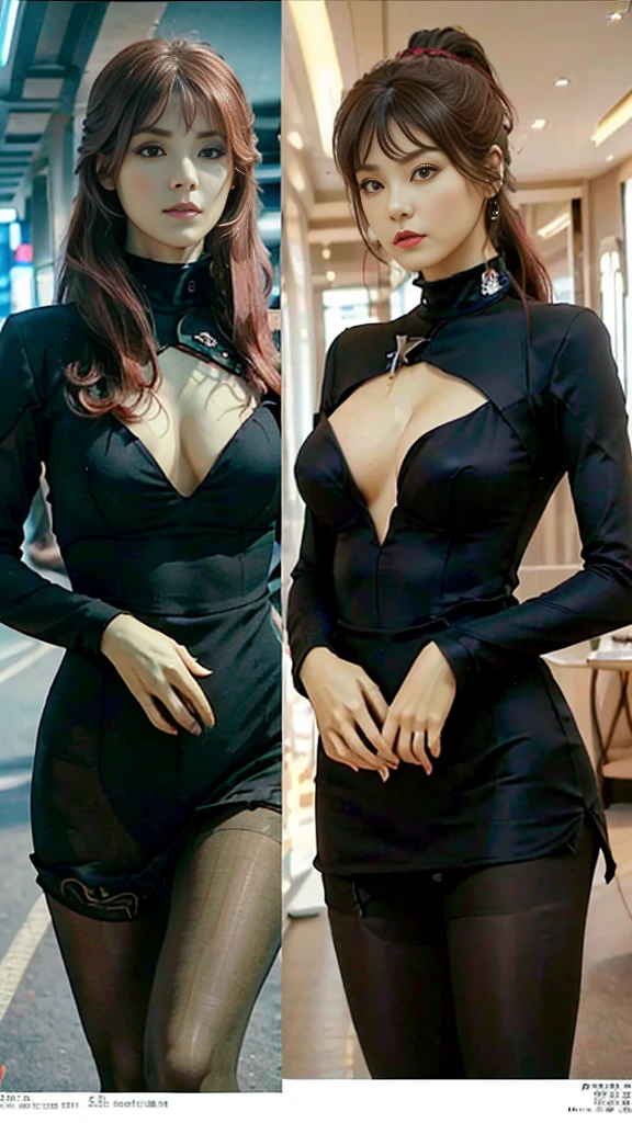 ((Top Quality、16K、masterpiece:1.3))、a tall and beautiful woman、Perfect Figure:1.4、(retro futuristic aesthetic) Slim Abs. Orion girl (from star trek) solo, red-haired (very red hair) 、60s hairstyle (with hair bangs), realistic green skin, small eyebrows, No postural movement、Stand up straight、Huge bust、Highly detailed facial and skin texture、(A detailed eye, Symmetry Eyes, Clear realistic eyes, Double eyelidd、Cold-stricken face、Symmetrical face), very green skin (illuminated, realistic shading sound), goth makeup, Royal sisters full of fans、The Telegraph Esbian、peach buttocks、(black futuristic Dress, Very Tight Knit), cleavage, squart、(Raw foto:1.2)、((Photorealcitic:1.4))Top Quality、masterpiece、Real Photography、very delicate and beautiful.、super detailed CG、Unity、8K photo wallpaper、delicate detail、best qualtiy、Highly detailed CG unity 8k wallpaper、absurderes、Incredibly Absurd、huge file size、extremely highly detailed、Hight Resolution、ighly Details、Beautiful detail girl、extremely detailed eyes and face、beautiful delicate eyes、Facial light、cinematic lightings、(big hips, thick thighs, beautiful legs, black pantyhose) 1girll、see -through,Watch your audience, Plane Air, high ponytail、ulzzang-6500、The Telegraph Esbian, different poses at different angles,