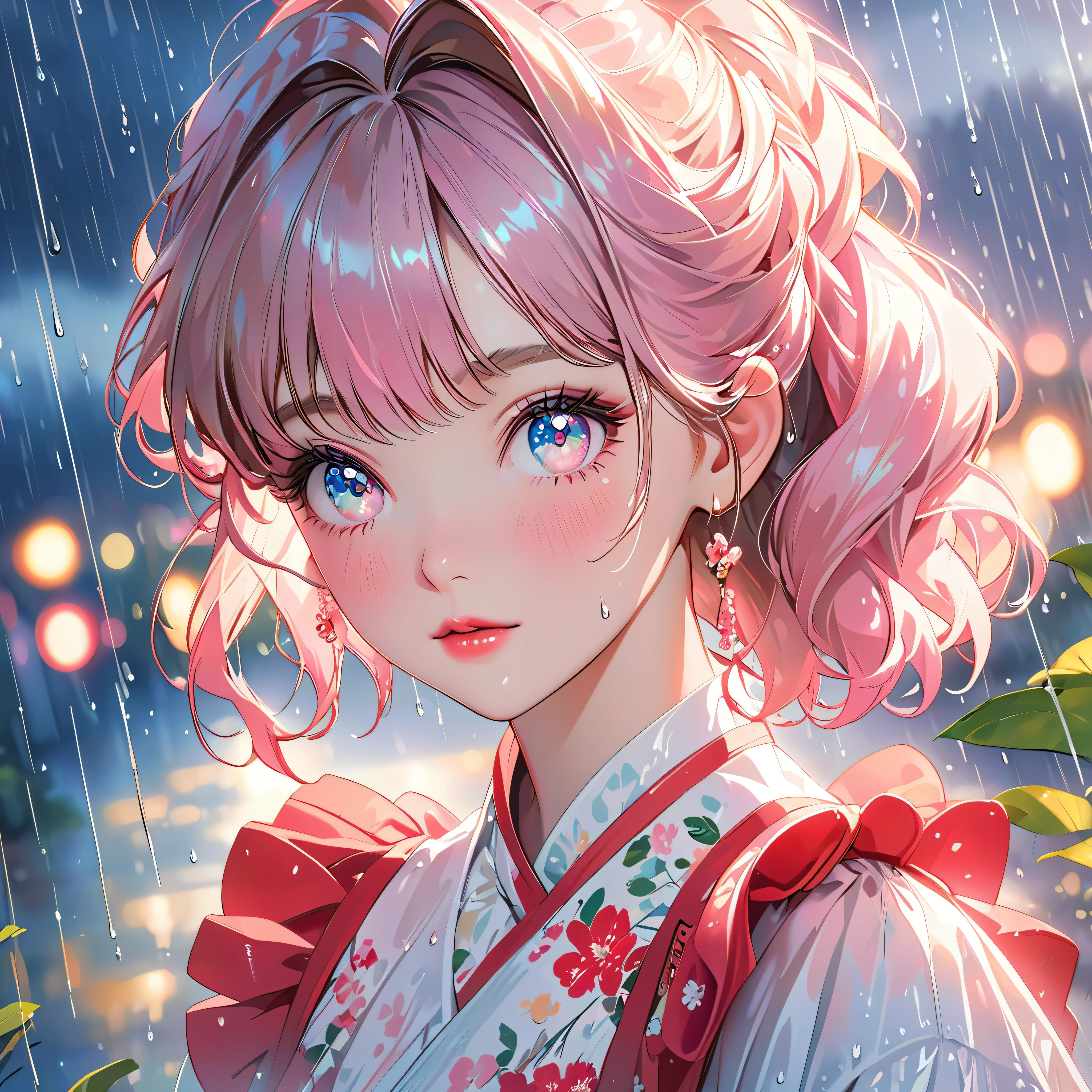 best quality, highres, ultra-detailed, realistic:1.37, vibrant colors, portrait, soft lighting, long eyelashes, sparkling eyes, glossy lips, detailed skin, retro pattern, pastel colors, dreamy atmosphere, elegant pose, nostalgic vibes, glittering highlights, flawless complexion, 80s style fashion, retro hairdo, pink blush, delicate features, diamond-like eyes,((rain:1.5)),