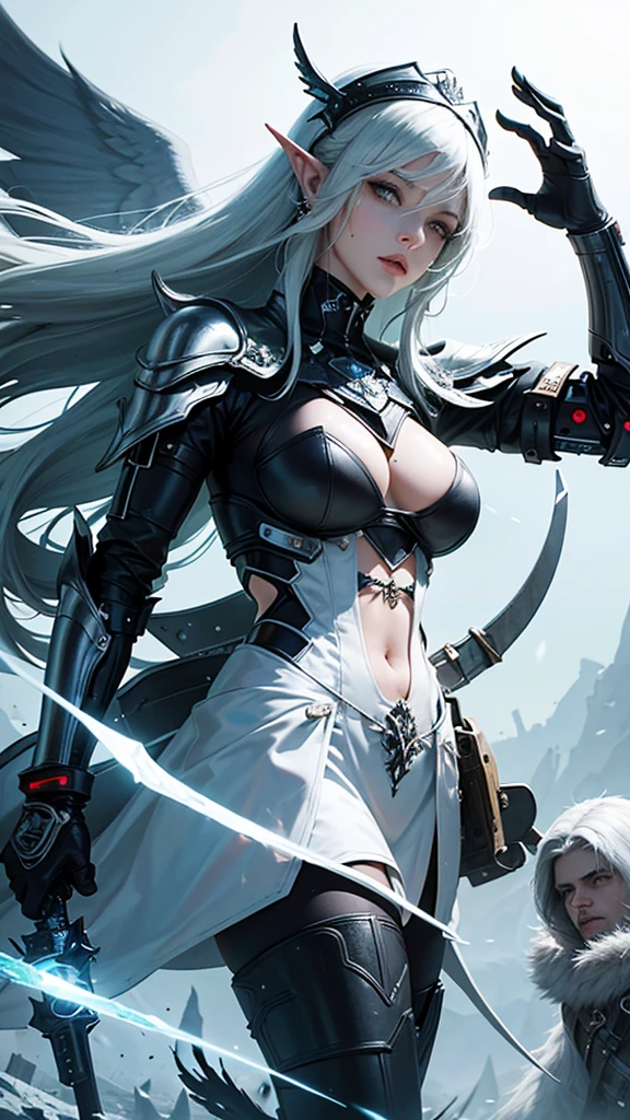 Lutando com espada, orelhas de elfo,
mulher com rabo de cavalo, cabelo escuros, mulher de olhos verdes, cybernetic headwear, efeitos luminosos azuis e branco na roupa, roupa colante, espada luminosa, face de elfo, mulher de cabelos escuros com 18 anos, cyberpunk, deserto, sol, iluminando armadura de anjo, vista de costas,