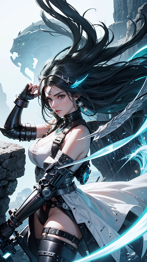 Lutando com espada, orelhas de elfo, 
mulher com rabo de cavalo, cabelo escuros, mulher de olhos verdes, cybernetic headwear, efeitos luminosos azuis e branco na roupa, roupa colante, espada luminosa, face de elfo, mulher de cabelos escuros com 18 anos, cyberpunk, deserto, sol, iluminando armadura de anjo, vista de costas,
