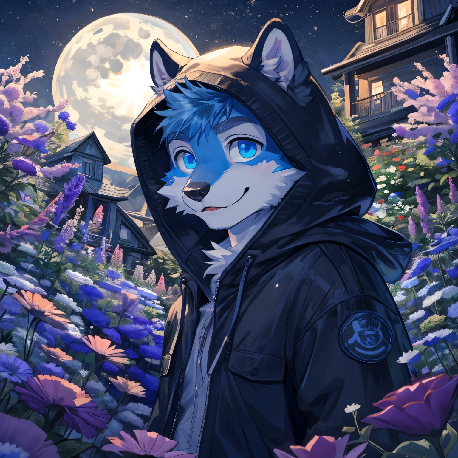 masterpiece,High quality,furry,male people,blue fur,right blue eye,(highlight eye), hooded jacket, flower garden,moonlight,(look at the sky),Smile
