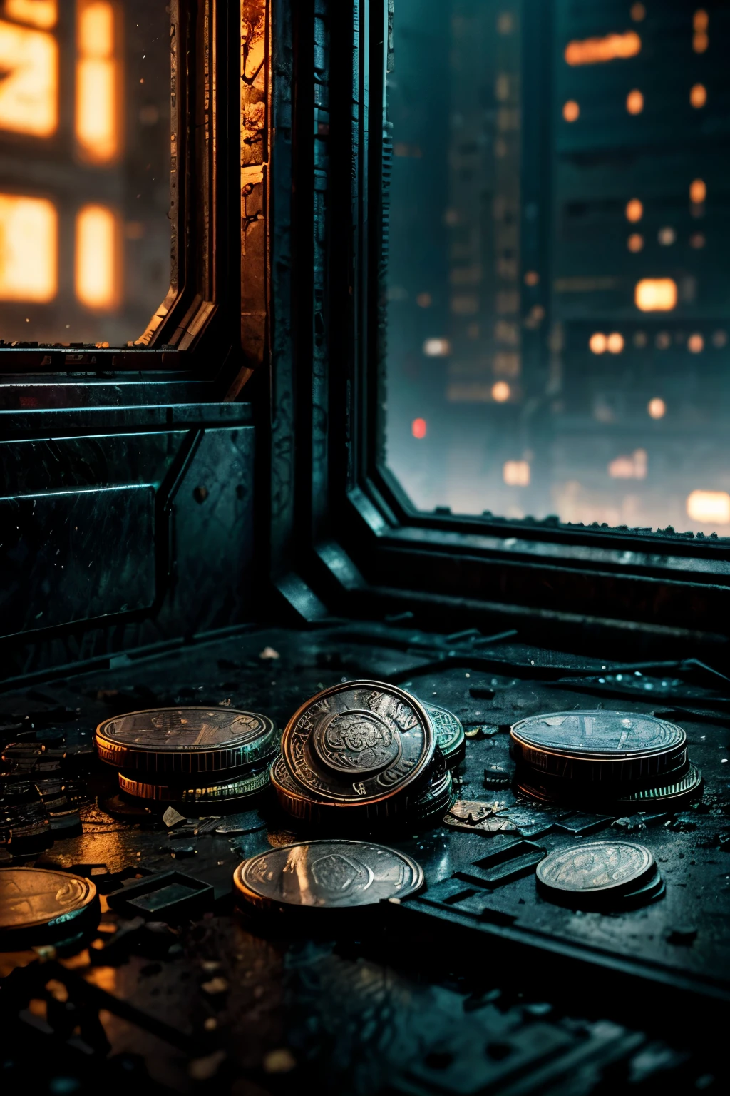 A macro photograph showcases the details of cyberpunk coins strewn across a dark, gritty surface, their irregular positions adding to the chaotic and rebellious atmosphere of the cyberpunk aesthetic. --ar 16:9