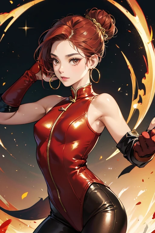Carla is of Chinese descent and has a medium complexion, light-brown eyes and red hair that's tied into a bun and held in place by 6 dark gold hair sticks, and accessorizes with small gold hoop earrings. True to her nickname she has a red dragon tattoo on her right shoulder blade. she wears a brown leather body biker suit with matching gloves, boots and biker helmet. SPARKLE; GLITTER.