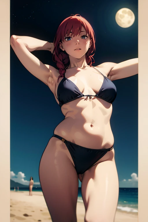 1girl, solo,underwear, navel, breasts, realistic, long hair,, lips, looking at viewer, red hair, collarbone,braided ponytail,yellow eyes, cowboy shot,standing, from below, frilled bikini, legs open, dynamic pose, white skin, pale skin, arms on belly, outside, night time, moon,stars,beach sand, cameltoes, 16:9, tan lines, night robe