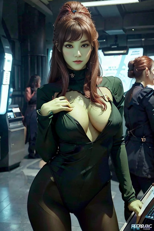 ((Top Quality、16K、​masterpiece:1.3))、a tall and beautiful woman、Perfect Figure:1.4、(retro futuristic aesthetic) Slim Abs.  Orion girl (from star trek) solo, red-haired (very red hair) 、60s hairstyle (with hair bangs), realistic green skin, small eyebrows, No postural movement、Stand up straight、Huge bust、Highly detailed facial and skin texture、(A detailed eye, Symmetry Eyes, Clear realistic eyes, Double eyelidd、Cold-stricken face、Symmetrical face), very  green skin (illuminated, realistic shading sound), goth makeup, Royal sisters full of fans、The Telegraph Esbian、peach buttocks、(black futuristic Dress, Very Tight Knit), cleavage,  squart、(Raw foto:1.2)、((Photorealcitic:1.4))Top Quality、​masterpiece、Real Photography、very delicate and beautiful.、super detailed CG、Unity、8K photo wallpaper、delicate detail、best qualtiy、Highly detailed CG unity 8k wallpaper、absurderes、Incredibly Absurd、huge file size、extremely highly detailed、Hight Resolution、ighly Details、Beautiful detail girl、extremely detailed eyes and face、beautiful delicate eyes、Facial light、cinematic lightings、(big hips, thick thighs, beautiful legs, black pantyhose) 1girll、see -through,Watch your audience, Plane Air, high ponytail、ulzzang-6500、The Telegraph Esbian, different poses at different angles,