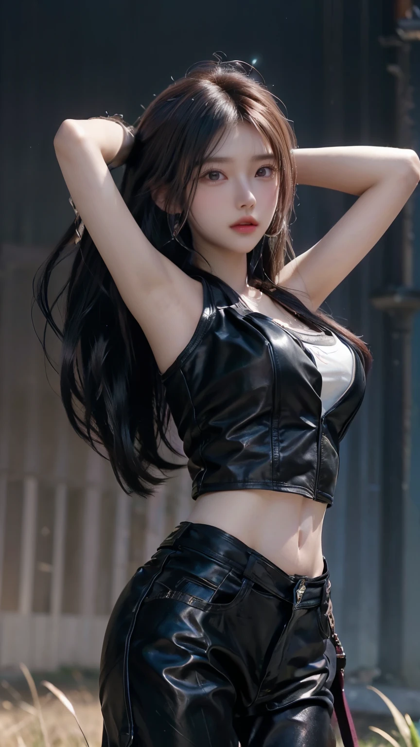 (((masutepiece+Best Quality+High resolution+Ultra-detailed))), Nico Robin\(One piece\), long silky black hair, High Nose, Sharp eyes, noble and inviolable temperament, (([Female]: 1.2 + [Beauty]: 1.2 + Black Long Hair: 1.2)), egypt scriptures background, (One piece), collared jacket, croptop, Midriff, Navel, sarong, Short sleeves,  zippers, partially unzipped, Cowboy Shot, aqua eyes, dynamic angle and posture.