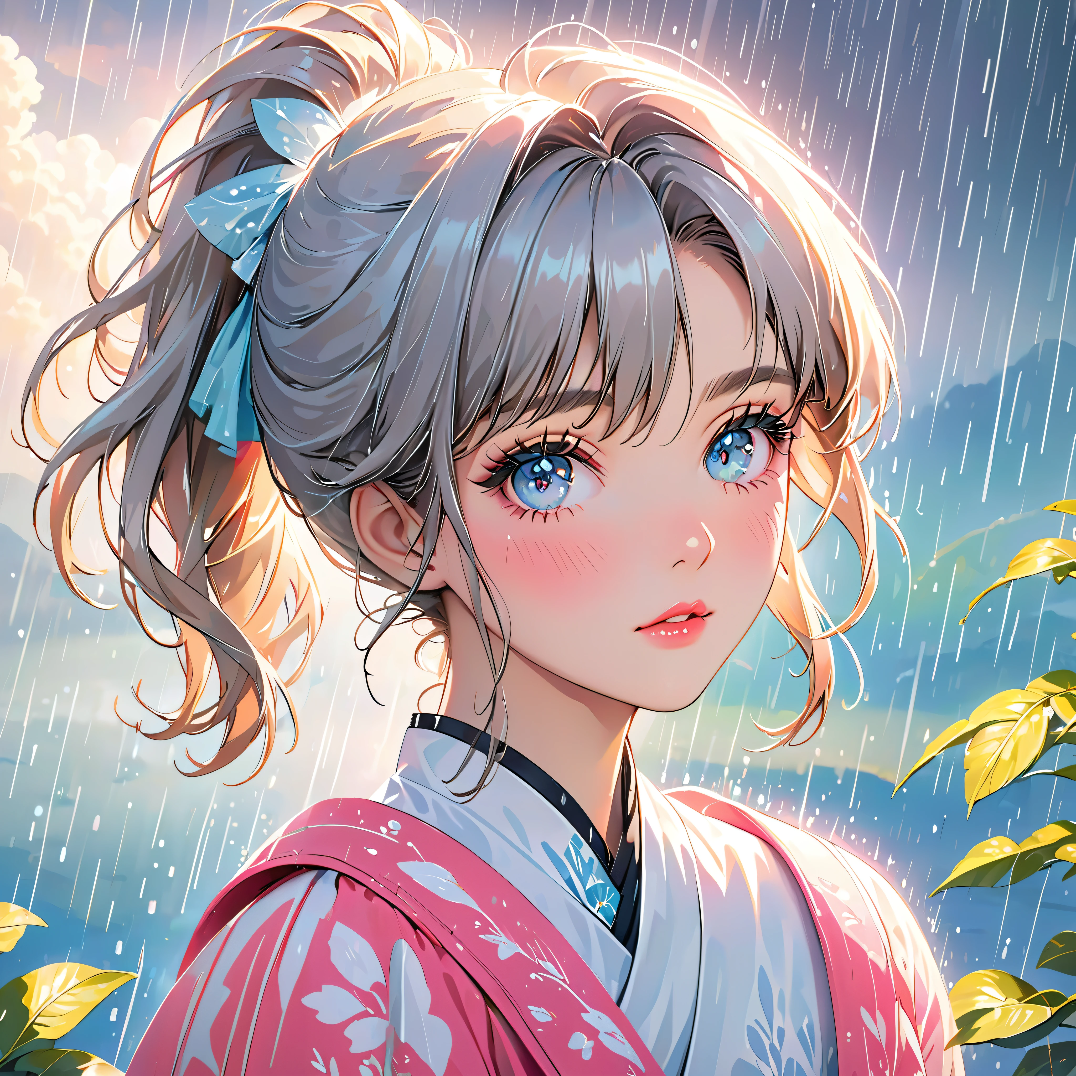 best quality, highres, ultra-detailed, realistic:1.37, vibrant colors, portrait, soft lighting, long eyelashes, sparkling eyes, glossy lips, detailed skin, retro pattern, pastel colors, dreamy atmosphere, elegant pose, nostalgic vibes, glittering highlights, flawless complexion, 80s style fashion, retro hairdo, pink blush, delicate features, diamond-like eyes,((rain squall:1.5)),
