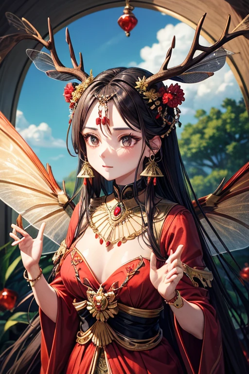 animal red deer quadruped deer body deer face with dragonfly wings gems adorning its chest black eyes glass beads
