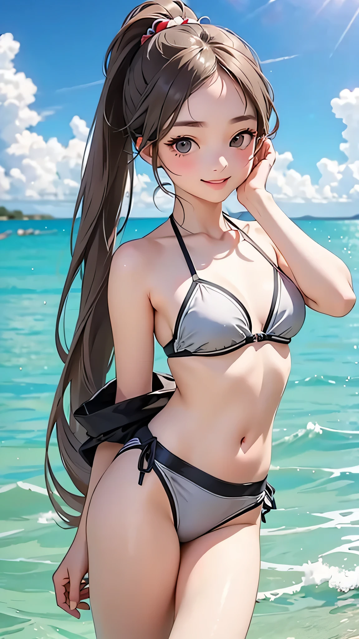 highest quality、Realistic、girl、Japanese、zoom、cute、Gray Eyes、Chestnut Hair、Long Ponytail、bikini、Ocean、smile、