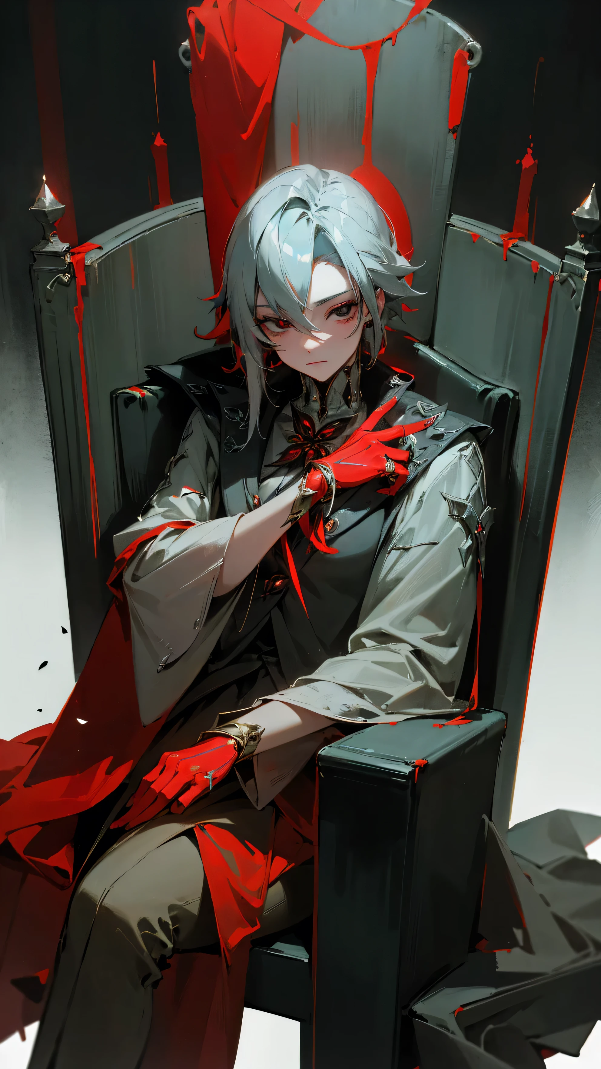 Arlecchino, bored, sitting on metal throne, ultra quality, dark theme, red lights