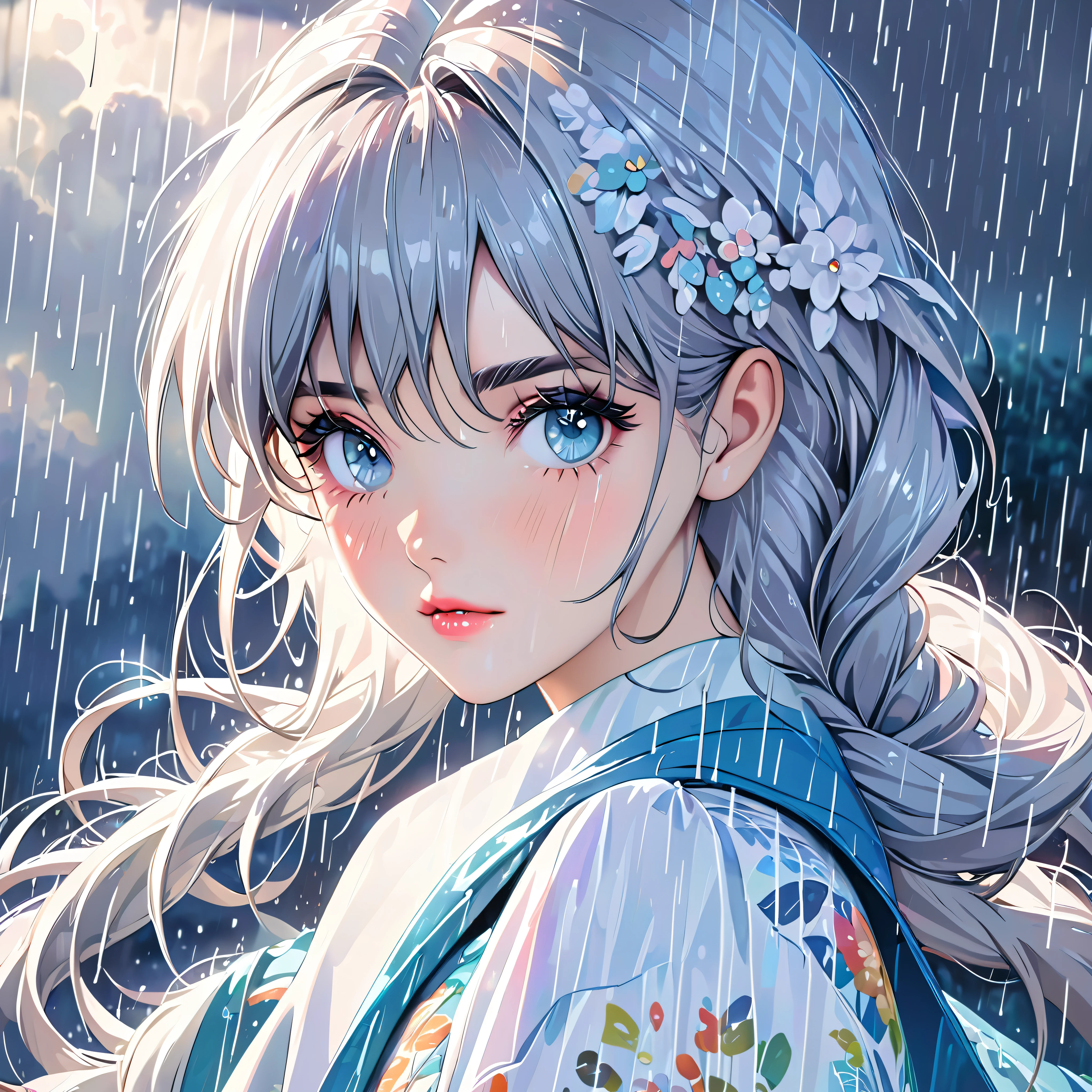 best quality, highres, ultra-detailed, realistic:1.37, vibrant colors, portrait, soft lighting, long eyelashes, sparkling eyes, glossy lips, detailed skin, retro pattern, pastel colors, dreamy atmosphere, elegant pose, nostalgic vibes, glittering highlights, flawless complexion, 80s style fashion, retro hairdo, pink blush, delicate features, diamond-like eyes,((rain squall:2.5)),((Dark background))