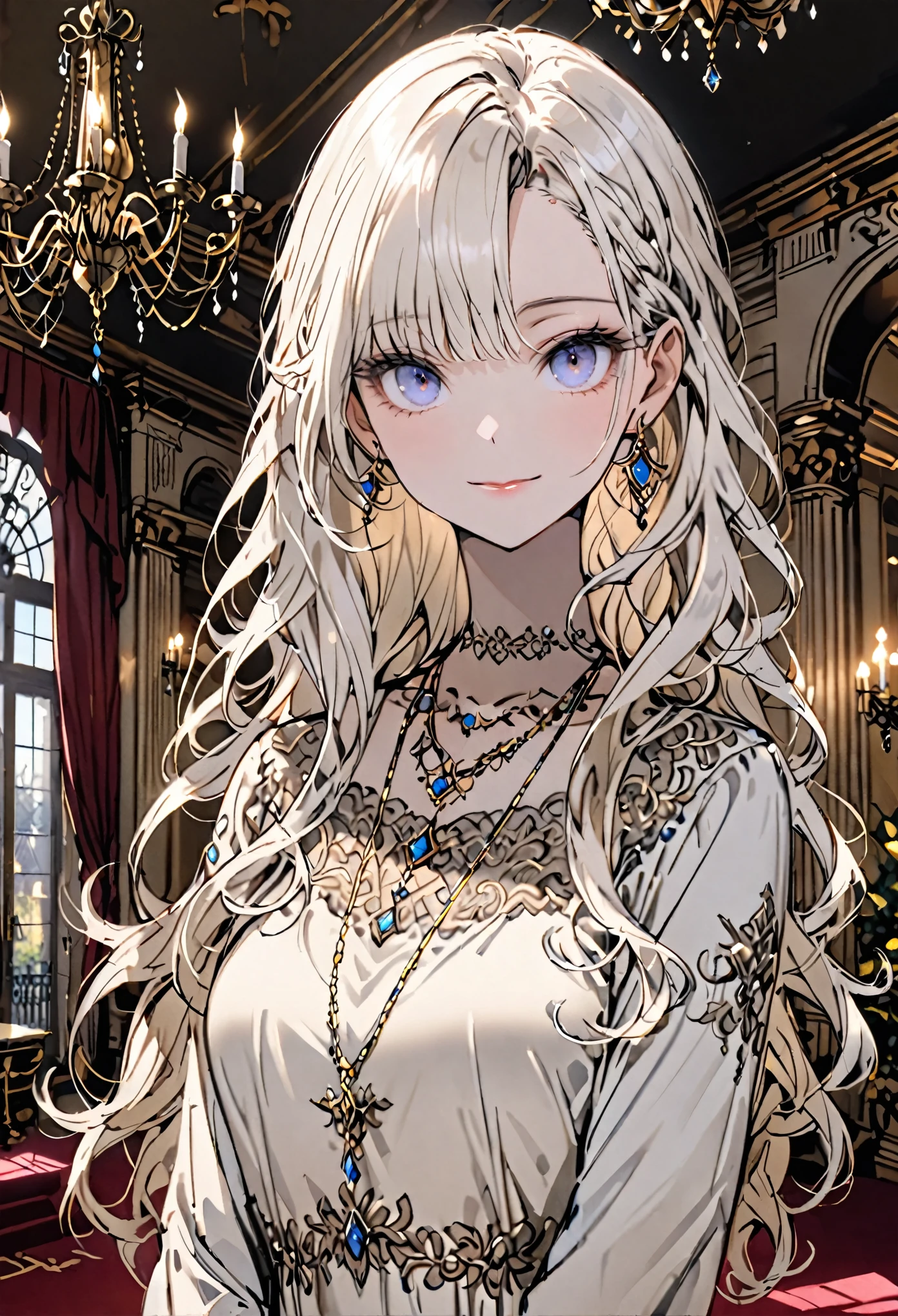 solo, female, medium shot, sfw, platinum blonde, wavy hair:1.3, long hair, blue eyes, gentle smile, modest dress, chandelier, mansion, gold, jewelry, necklace