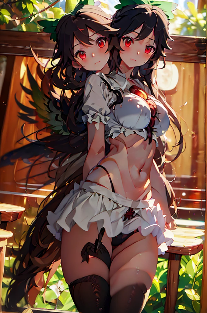 (masterpiece, best quality), best quality, (ultra-detailed), (3heads:1.5), 1girl, (reiuji utsuho:1.3), masterpiece, best quality, ultra quality, ultra resolution, ultra detail, white top, crop top, ((stomach)), midriff, ((groin)), dark green skirt, normal ears, shackles, black hair, very long hair, wavy hair, sidelocks, red eyes, detailed eyes, parted lips, sweat, cute, toned belly, hand on own chest, eyelashes, (23 year old woman:1.3), (masterpiece:1.5), (best quality:1.5), (beautiful detailed), extremely detailed CG, extremely delicate and beautiful, depth of field, (finely detailed face), (perfect details:1.2), (mature female:1.3), wide pelvis, slender, large veiny breast, 16k resolution, highres, high quality, high definition, extremely detailed, masterpiece, best quality, black hair, long hair, alluring presence, braid, short skirt, close up, big tits, young, green bow, hair bow, wings, midriff, nsfw,