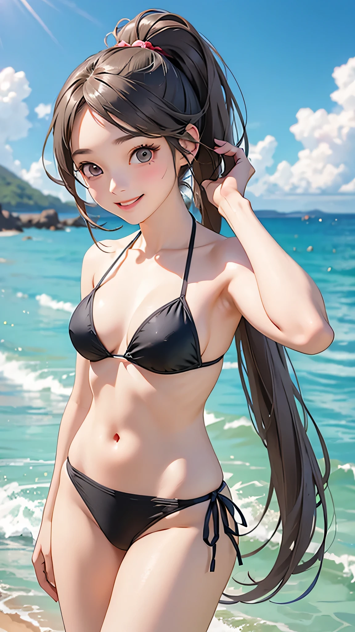 highest quality、Realistic、girl、Japanese、zoom、cute、Gray Eyes、Chestnut Hair、Long Ponytail、bikini、Ocean、smile、