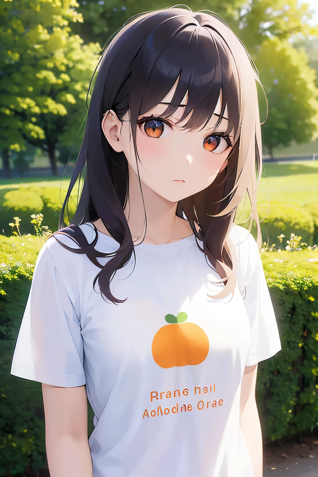 ultra quality, ultra highres, ultra detailed, high quality、Masterpiece、looking up, Upper body, Realistic, real person, (pale skin: 1.2), RAW photo, photorealistic, shiny skin, shiny hair、(25 year old woman with bangs) and (wavy hair) and (brown hair) and (orange eyes) , (White T-shirt) and (Floral patterns)、(sad:1.3), The background is a park、Alone、Are standing