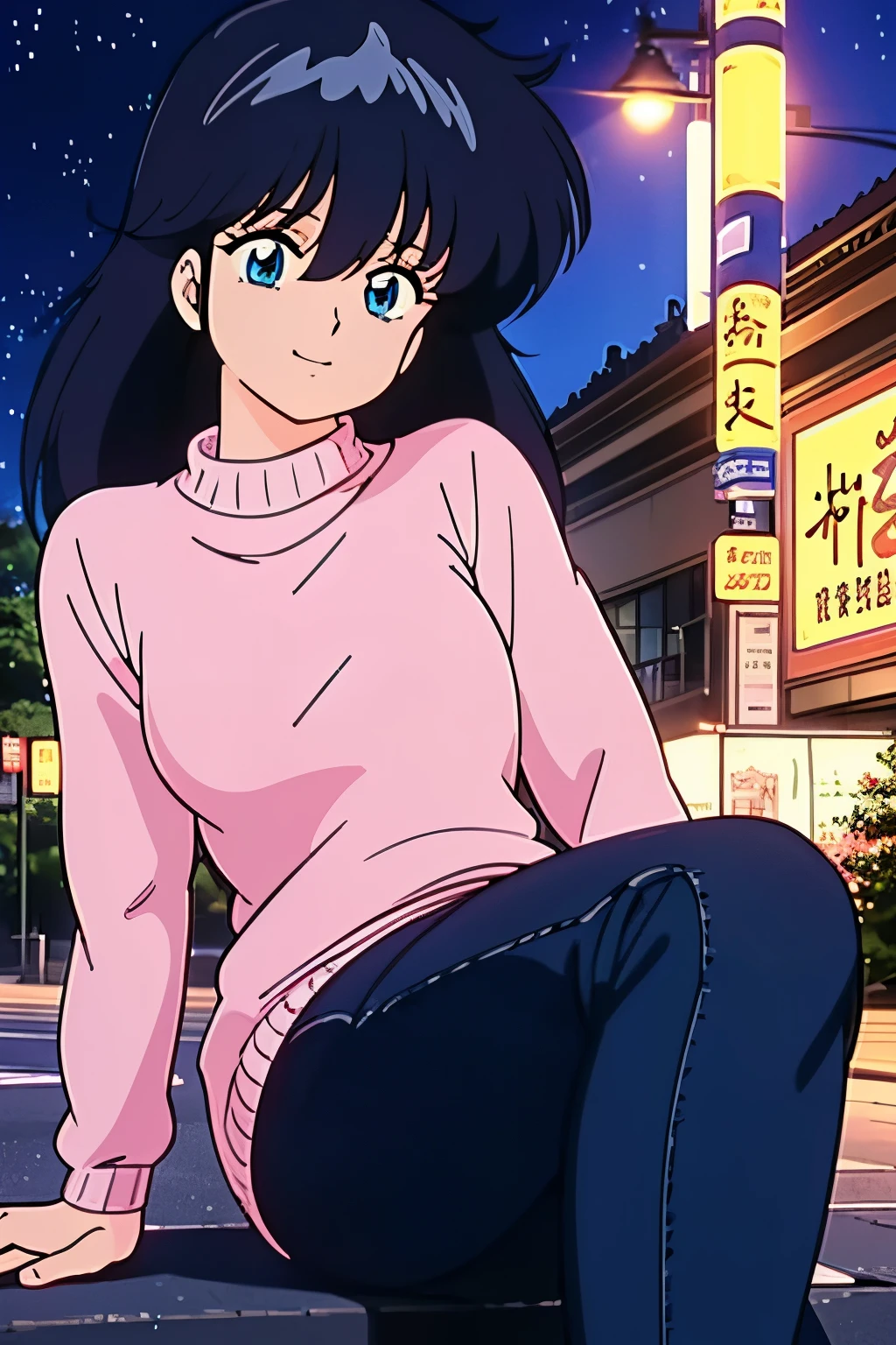 high quality, masterpiece, best quality, anime screen cap, park, night, shadows, shadows, blue lights, neon blue lights, bokeh, bokeh effect, tokyo, 80s, 80s tokyo night, 1girl, tired eyes, exhauted eyes, tiredness, fatigue, smile, sitting, pink sweater, jeans, dark blue hair, Arms Down, ((Perfect Anatomy, beautifull detailed face, Beautiful detailed eyes, beautiful detailed hair, Beautiful detailed body)), thick outline, Beautiful outlines, black outlines
