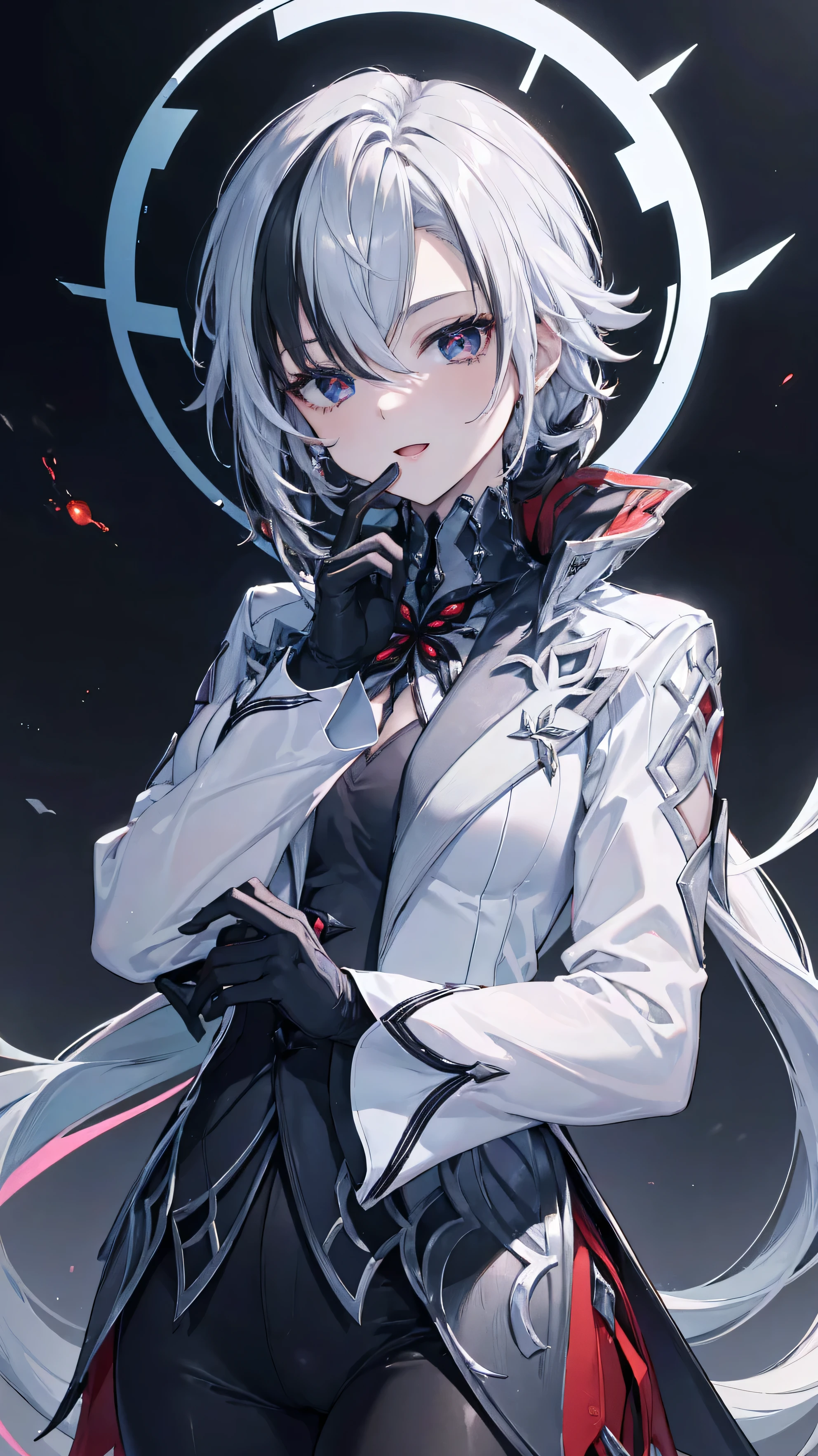 (masterpiece, top quality, best quality, official art, beautiful and aesthetic:1.2),(8k, best quality, masterpiece:1.2), (((masterpiece))),(((best quality))),(((extremely detailed))),illustration,who, (masterpiece, top quality, best quality, official art, beautiful and aesthetic:1.2),(8k, best quality, masterpiece:1.2), 1girl, arlecchino \(genshin impact\), (x-shaped eyes, symbol shaped eyes, cross eyes), best quality, masterpieceï¼parted_lips, sidelocks, turtleneck, black_gloves, x-shaped_pupils, :d, looking_at_viewer, simple_background, highres, english_commentary, finger_to_mouth, index_finger_raised, solo, grey_background, 1girl, arlecchino_\(genshin_impact\), long_sleeves, absurdres