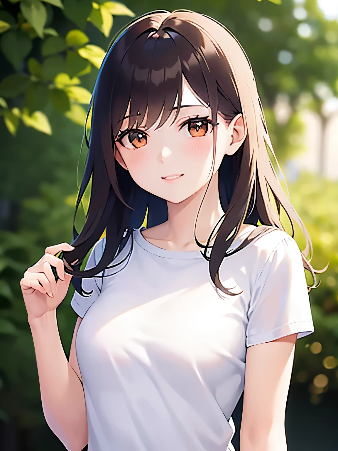 ultra quality, ultra highres, ultra detailed, high quality、Masterpiece、Upper body, Realistic, real person, (pale skin: 1.2), RAW photo, photorealistic, shiny skin, shiny hair、(25 year old woman with bangs) and (wavy hair) and (brown hair) and (orange eyes) , (White T-shirt) and (Floral patterns)、smile, The background is a park、Alone、Are standing