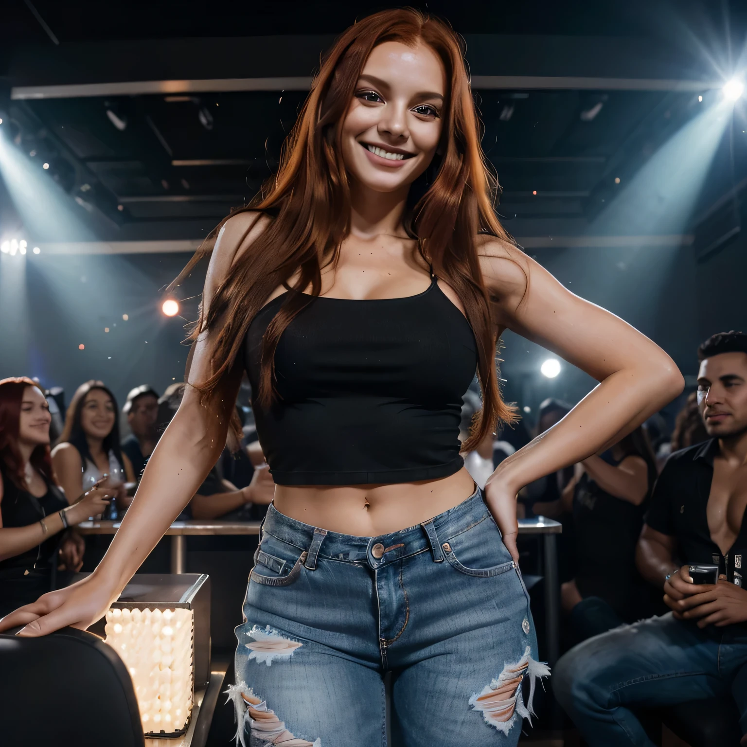 A radiant smile illuminates the face of the AI influencer with long red hair, Ultra high definition images of our digital AI influencer smiling in ripped jeans interacting in a nightclub in Copa Capacabana RJ Brazil