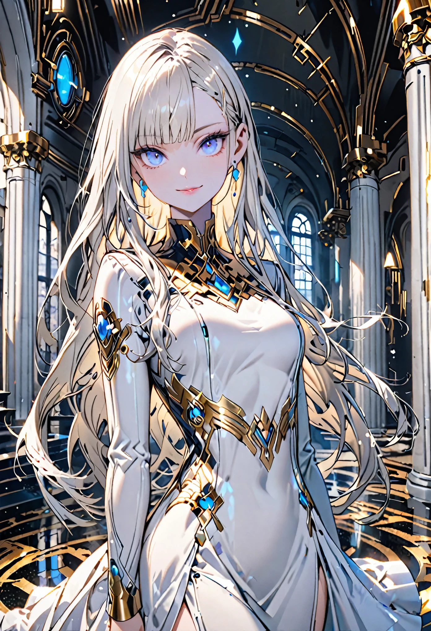 solo, female, medium shot, sfw, platinum blonde, long hair, blue eyes, gentle smile, modern dress, futuristic, mansion, gold, jewelry