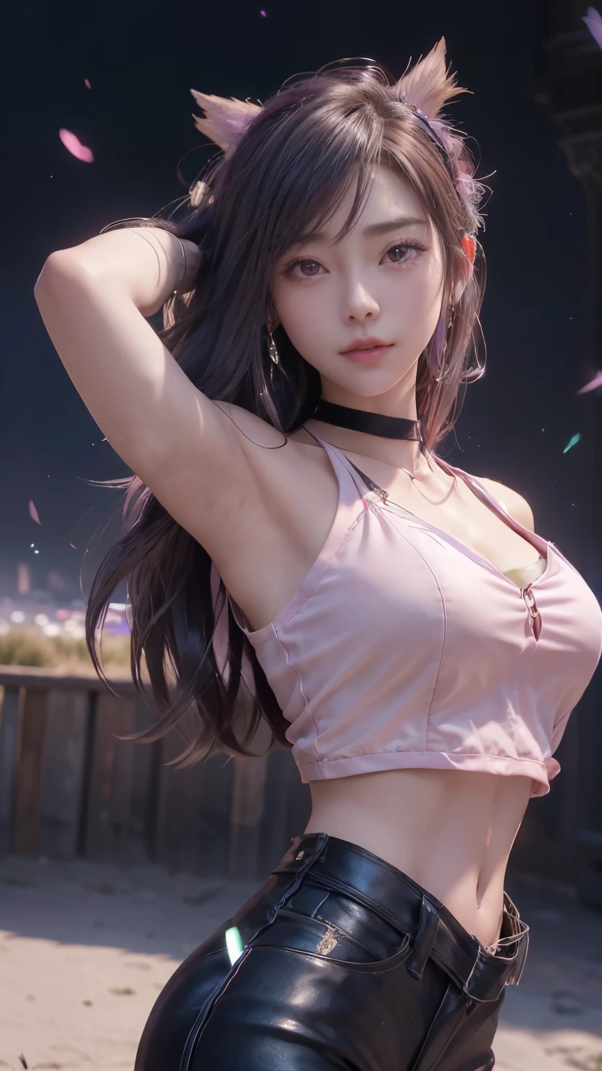 (logo、Masterpiece、8k、Tabletop、RAW Photos、wonderful、最high quality、Photorealistic and detailed CG composite 8K wallpapers、high quality、Very detailed、Narrative poem、Particle Effects、Dynamic Effects、Character Boundary Depth、Cinematic Light、Lens flare、Ray Tracing、Fantasy)、(1 beauty、Black hair、Beautiful Face、Real Face、fine grain、Beautiful Skin、Graceful dancing woman)、Hair fluttering in the wind、Bouncing Hair、Hair fluttering in the wind、Bouncing Hair、Light pink halter neck、Pink Leather Pants、Light pink leather jacket、Silver earrings、night、Wind、darkness、The silence and beauty of the grasslands、Vast land、Lakeside、Wonderful views、Beautiful natural wind scenery、Night Sky