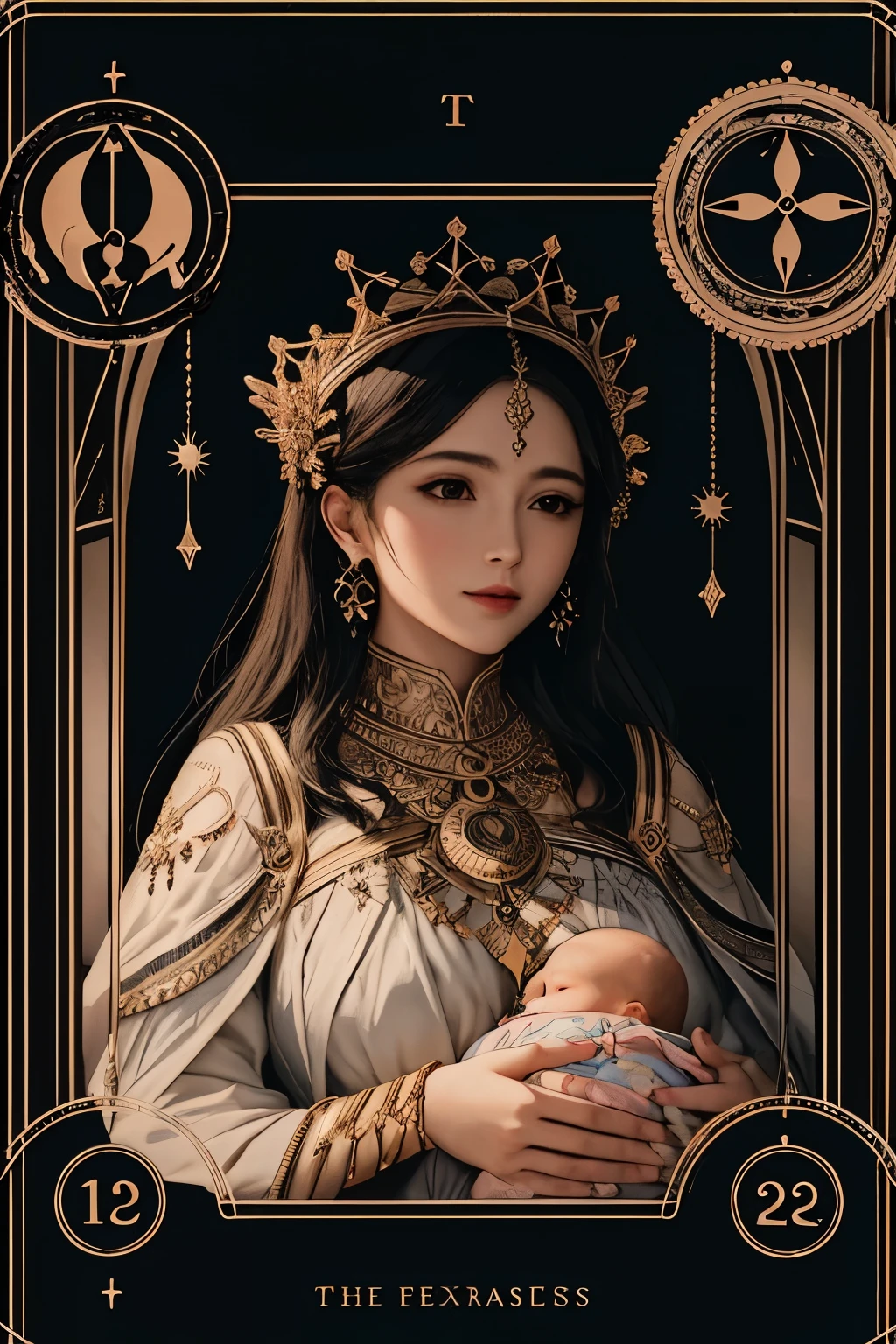 (highest quality, masterpiece), (Tarot, Tarot card,:1.1) Queen: A nurturing figure surrounded by symbols of abundance and fertility. Painting a woman in a lush garden, Exudes maternal energy、surrounded by nature., Black background, Golden, Upper Body,