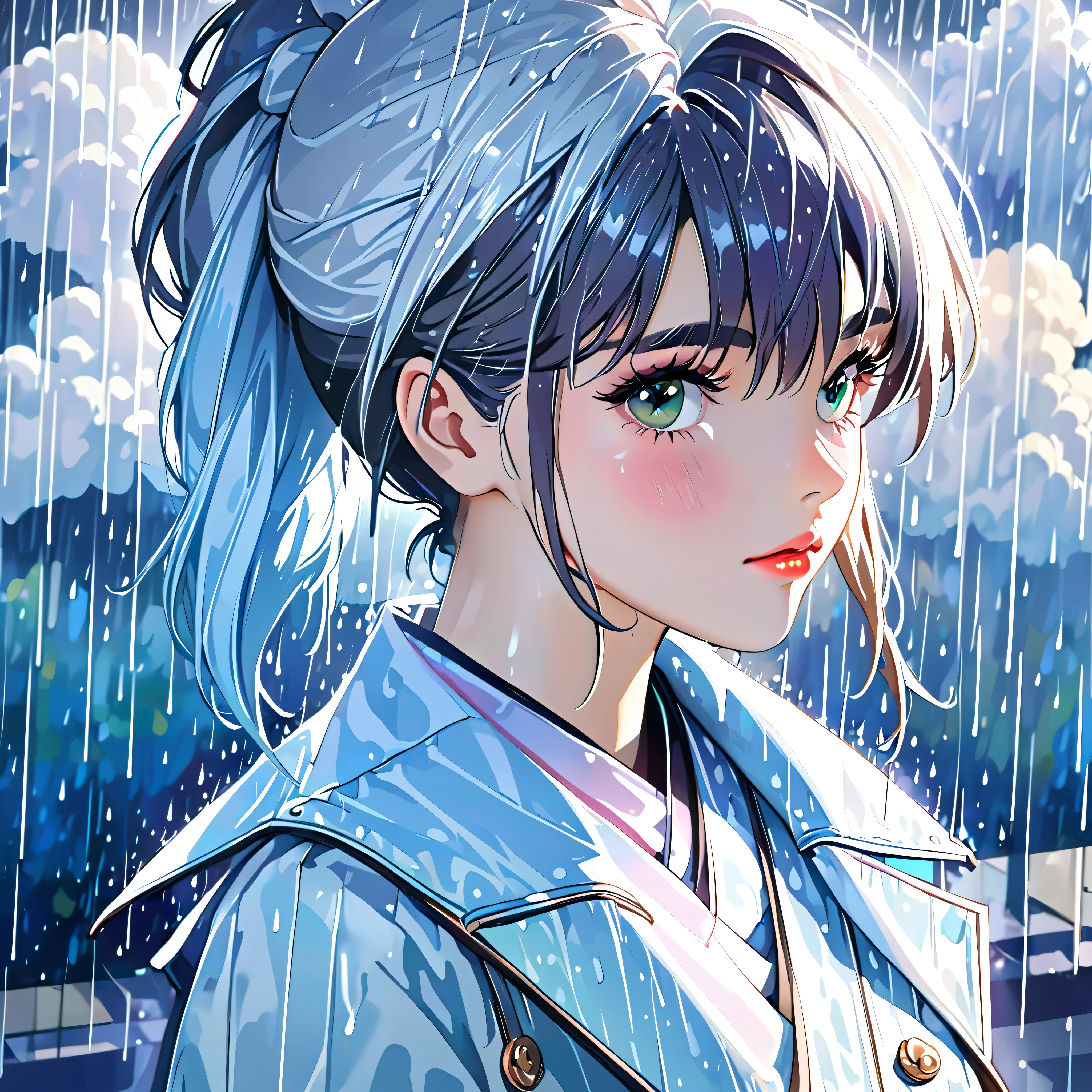 best quality, highres, ultra-detailed, realistic:1.37, vibrant colors, portrait, soft lighting, long eyelashes, sparkling eyes, glossy lips, detailed skin, retro pattern, pastel colors, dreamy atmosphere, elegant pose, nostalgic vibes, glittering highlights, flawless complexion, 80s style fashion, retro hairdo, pink blush, delicate features, diamond-like eyes,((rain squall:2.5)),((Dark background))((city silhouette background))