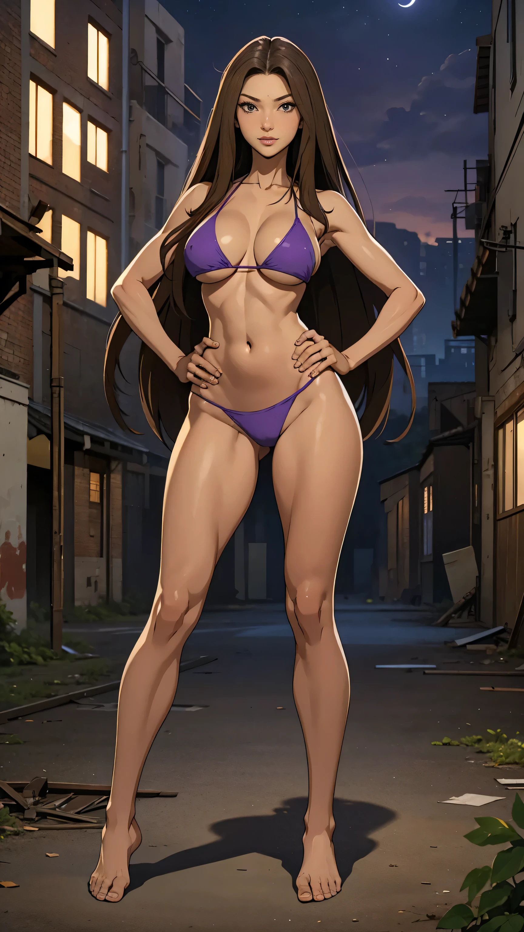 Masterpiece, best quality, Masterpiece, best quality, 1 woman, long straight brown hair , sly face , purple bikini , big breasts , abdomen , Long legs , hands on hips , Barefoot , Full body , abandoned factory , nighttime