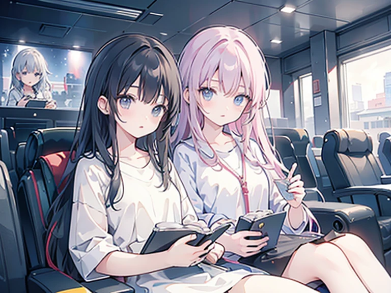 ((best quality)), ((masterpiece)), (detailed), At the cinema３Two girls are watching a movie together
