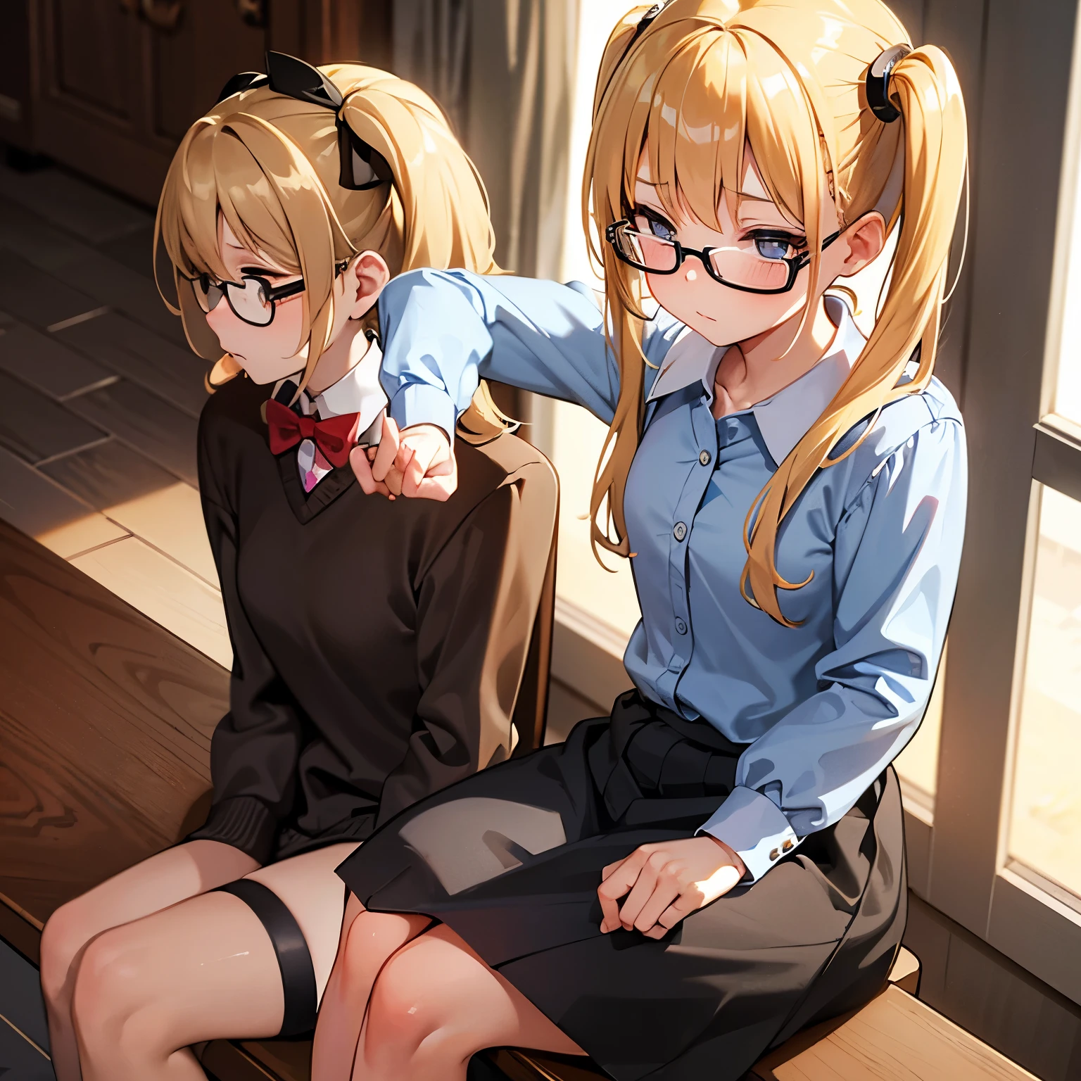 Girl with blonde hair and Maria with pigtails, short clothes, black prescription glasses, sitting at a table with open legs with her shy face flushed and the background being a classroom