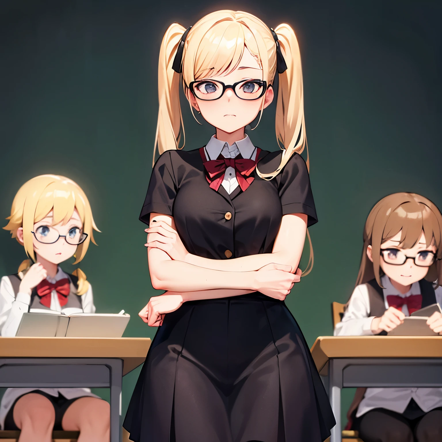 Girl with blonde hair and Maria with pigtails, short clothes, black prescription glasses, sitting at a table with open legs with her shy face flushed and the background being a classroom