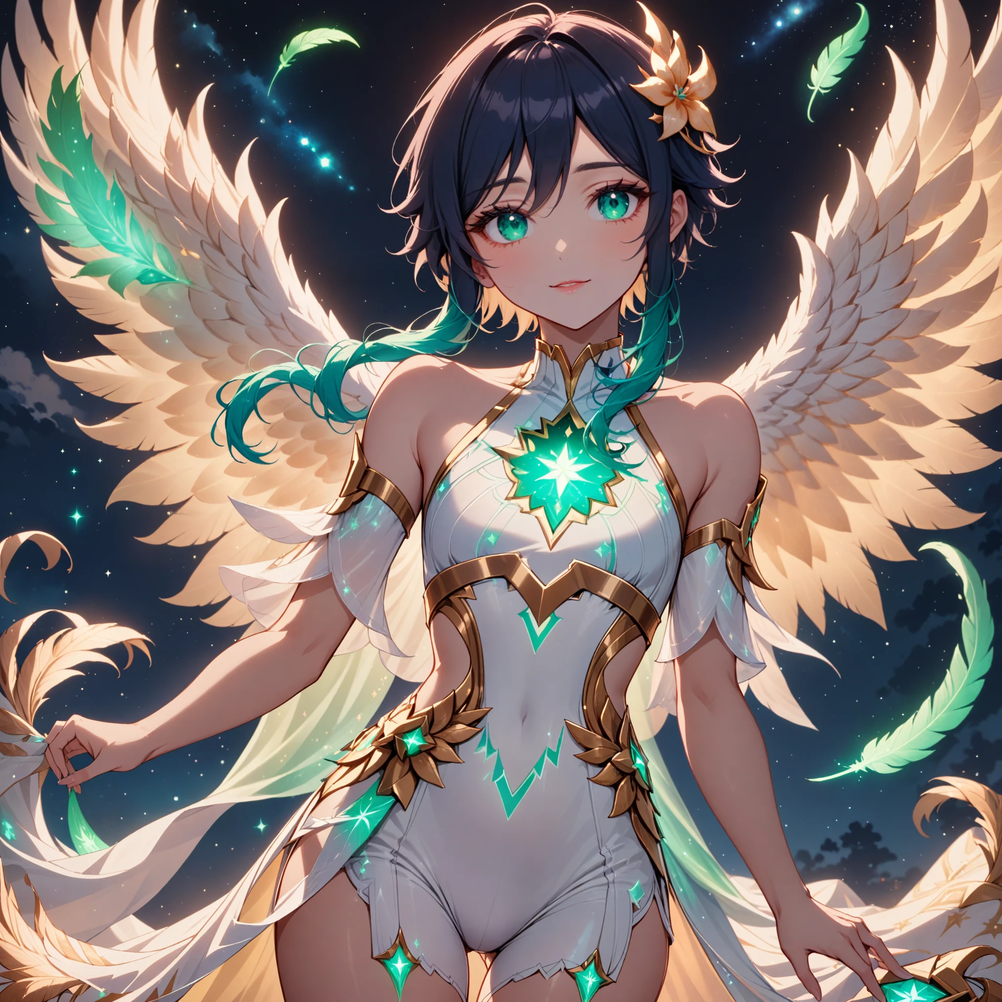 masterpiece,best quality,very aesthetic,absurdres,1boy,venti_/(archon/)_/(genshin_impact/),male_focus,detailed_eyes,(gnns:0.25),all white clothes,white feathered_wings,white halter_top,white shorts,hair_flower,midriff,black blue hair gradient,dsmile,((flat chest)),cool tones,night scene,starry_sky,moon,starry_sky_print,((green eyes)),slender,feathers,divine,detailed_eyes,long_eyelashes,pink_lips,glossy lips,narrow_waist,slim,seductive,flirtatious,iridescent volumetric light, god rays, heavenly,cosmic,celestial,