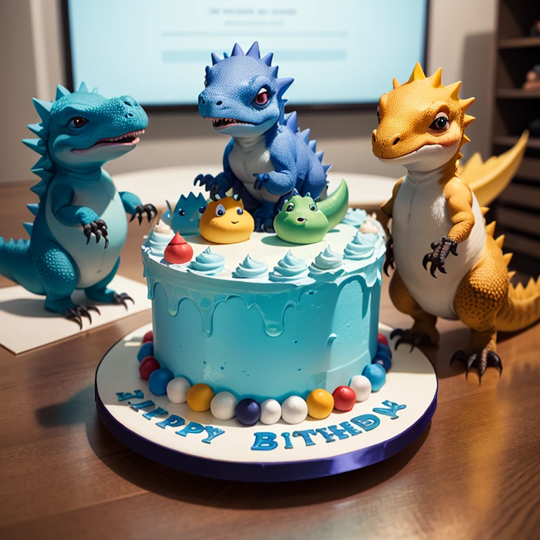 five baby dinosaurs, a well decorated blue birthday cake, bexigas coloridas ao fundo