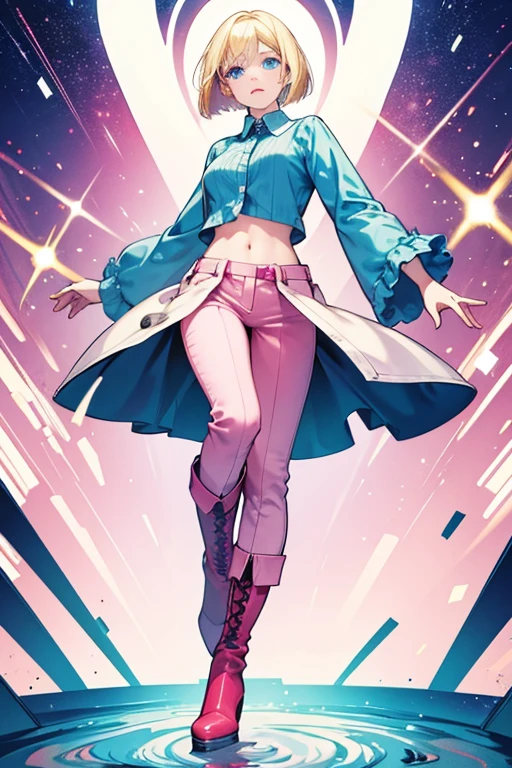 Clover is a  with white skin, blonde hair, bright blue eyes, Her hairstyle is a voluminous, personalized medium length bob cut . red long sleeved loose collared button-up shirt which shows her front belly, pink pants and red heeled boots, some of her primary outfit has been altered as her long sleeves became short sleeves and her boots became heels. SPARKLE; GLITTER.