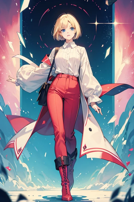 Clover is a with white skin, blonde hair, bright blue eyes, Her hairstyle is a voluminous, personalized medium length bob cut . red long sleeved loose collared button-up shirt which shows her front belly, pink pants and red heeled boots, some of her primary outfit has been altered as her long sleeves became short sleeves and her boots became heels. SPARKLE; GLITTER.