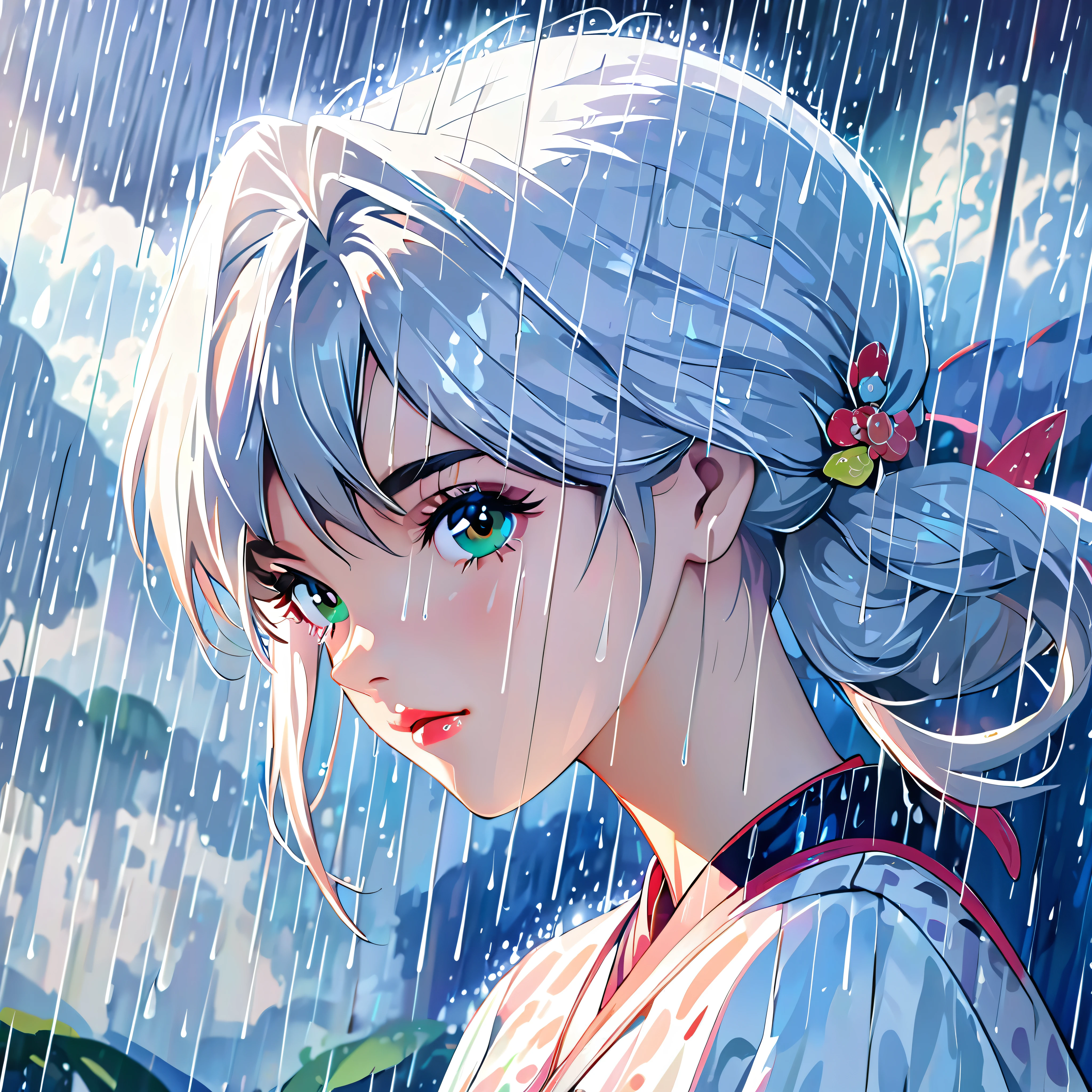 best quality, highres, ultra-detailed, realistic:1.37, vibrant colors, portrait, soft lighting, long eyelashes, sparkling eyes, glossy lips, detailed skin, retro pattern, pastel colors, dreamy atmosphere, elegant pose, nostalgic vibes, glittering highlights, flawless complexion, 80s style fashion, retro hairdo, pink blush, delicate features, diamond-like eyes,((rain squall:2.5)),((Dark background))((city silhouette background))