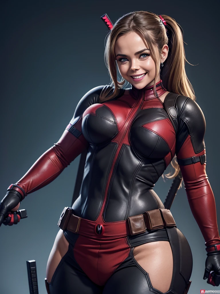 linda Riley Reid em um terno fechado do Deadpool, 8k, (sem decote), sorridente, (corpo magro), (peitos enormes), vista lateral ((very curvaceous body))